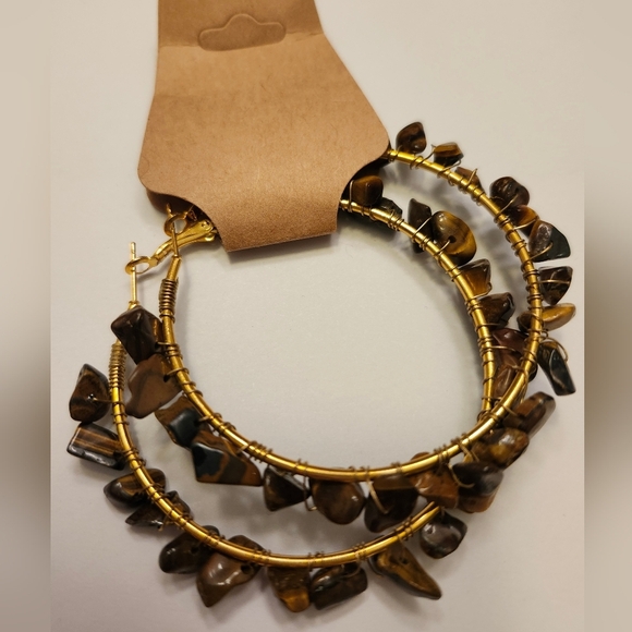 Gold stainless hoops handcrafted vintage brown rocks individually wire wrapped - Picture 3 of 6